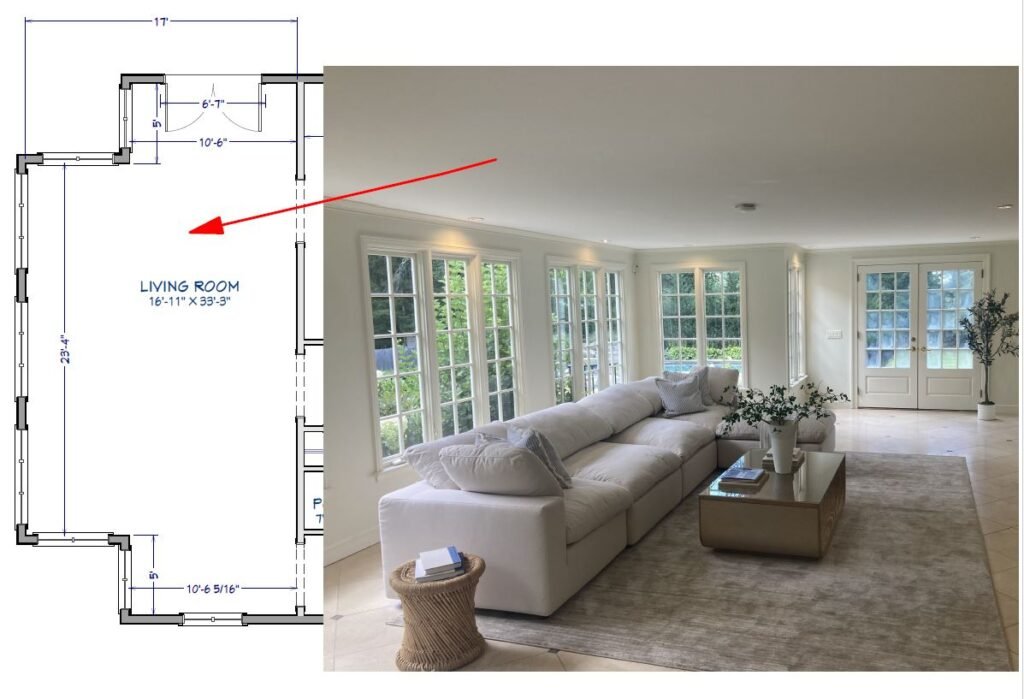 Detailed floor plan services for a furnished living room layout for home renovation and interior design planning.