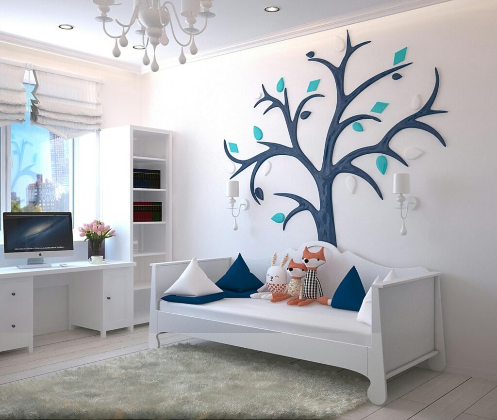 Kids Room Measure Service A stylish children's room with a modern design featuring a tree wall art and plush toys.